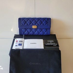 Authentic Chanel dark blue Boy Flap Quilted Caviar Long Wallet